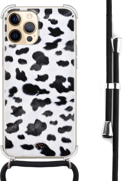 Hoesje met koord geschikt voor iPhone 12 Pro Max - Koeienprint - Inclusief zwart koord - Crossbody beschermhoes - Transparant, Zwart, Wit - Mooie Telefoonhoesjes