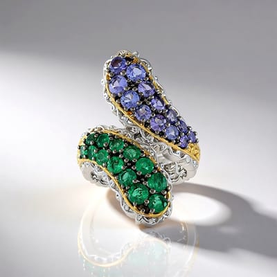 Cavill - Elegante Zilveren Ring 925 Sterling Zilver - 2,61 ct Zambiaanse Smaragd Rond - Ring met Tanzaniet - Luxe Cocktail Damesring