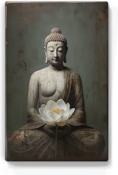 Boeddha met bloemen - Mini Laqueprint - 9,6 x 14,7 cm - Niet van echt te onderscheiden handgelakt schilderijtje op hout - Mooier dan een print op canvas. - LPS533