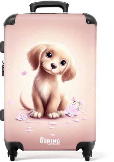 NoBoringSuitcases.com - Grote koffer - Puppy tussen bloemblaadjes op roze achtergrond - Kinderkoffer geschikt voor jongen en meisjes - Reiskoffer met 4 wielen - Trolley op wieltjes - Rolkoffer groot kinderen - 72 liter - Ruimbagage valies 20kg