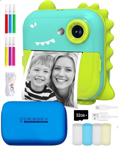 ODESSEY Kindercamera met Printer - Full HD - Selfie Camera - 32GB SD Kaart - Foto - Video - Spelletjes - Digitale Camera Kinderen - Fototoestel voor kinderen - Dino
