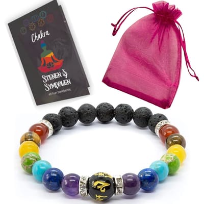 Chakra Armband met Lavastenen en gekleurde kralen - 18CM - Geschikt voor aroma therapie - In Organza zakje +