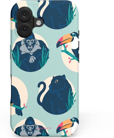 Casetastic hoesje geschikt voor Apple iPhone 16 - MagSafe - Dubbellaagse bescherming - Wilde Dieren Mix - Fashion Case - Lichtgrijs Donkerblauw Crème Donkergrijs