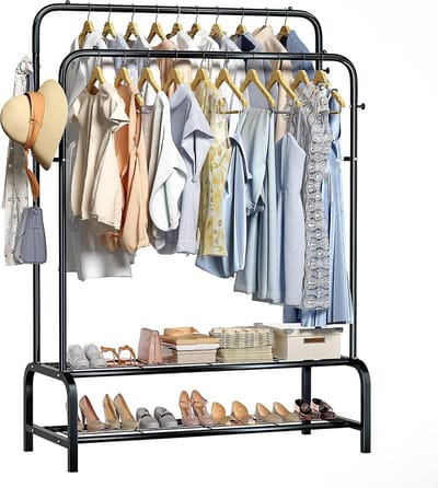 Eleganca Kledingrek - H157 x B110 x D56 cm - Garderoberek - Dressboy - Kledingstang - Dubbel Kledingrek - 2 Kledingstangen en 2 Schoenenplanken - Stevige Kledingrekken - Metaal - Zwart