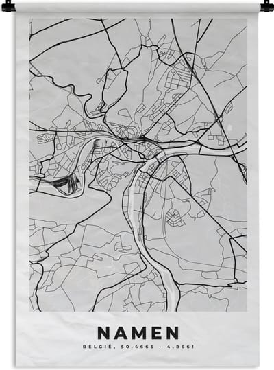 Wandkleed - Wanddoek - België – Namen – Stadskaart – Kaart – Zwart Wit – Plattegrond - 120x180 cm - Wandtapijt