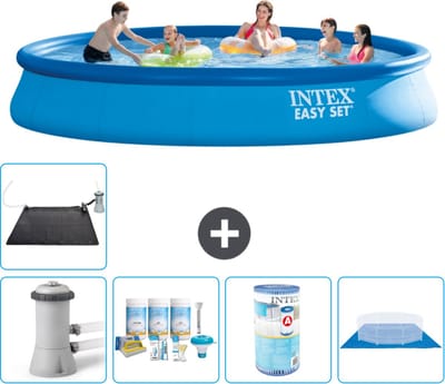Intex Rond Opblaasbaar Easy Set Zwembad - 457 x 84 cm - Blauw - Inclusief Pomp - Onderhoudspakket - Filter - Grondzeil - Solar Mat - 6-delig
