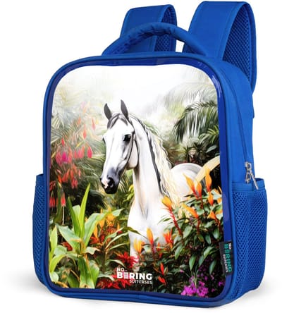 NoBoringSuitcases.com® - Rugzak blauw - Schooltas jongens - Paard - Wit - Bladeren - Tropisch - Kinder rugtas jongen - Boekentas kind - Kinderrugzak voor school - Schoolrugzak
