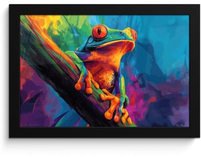 Poster in lijst - Fotolijst 30x20 cm - Posters - Kikker - Felgekleurd - Tak - Regenboog - Posterlijst zwart - Decoratie - Wanddecoratie woonkamer - Muurdecoratie slaapkamer