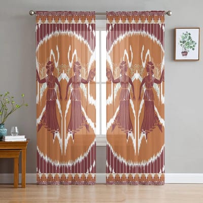 Indiase Ronde Damespot Slaapkamer Transparante Sheergordijnen Vakantiedecoratie Raam Voile Tule Gordijn 135W x 114H(cm) brown
