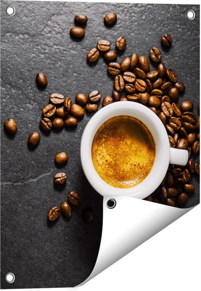 Gards Tuinposter Kopje Koffie met Koffiebonen - 40x50 cm - Tuindoek - Tuindecoratie - Wanddecoratie buiten - Tuinschilderij