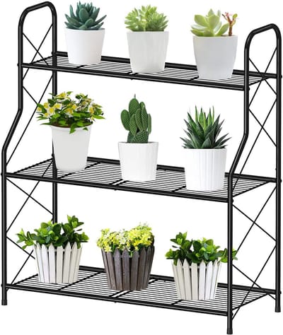 Plantenrek, bloemenrek, metaal, 3 standen, plantenstandaard, bloempothouder voor outdoor, indoor, balkon, tuin, multifunctioneel bloemenrek met grote capaciteit, zwart