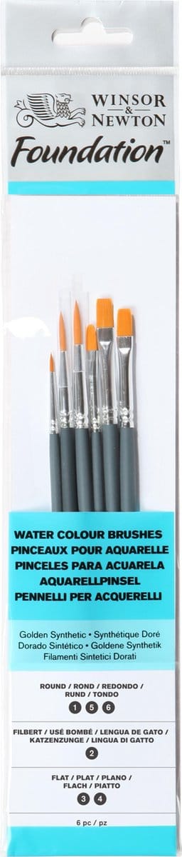 Winsor & Newton 5295016 Foundation Brush Set – Korte Steel – 6-delig – Ronde, Filbert & Platte Penselen voor Waterverf, Gouache & Acryl
