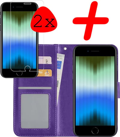 Hoesje Met 2x Screenprotector - Geschikt voor Apple iPhone SE (2022) - Luxe Pasjeshouder - Bookcase Portemonee - Flip Case - Kunstleer Book Case - Flipcase Hoes - Book Cover - Walletcase - Portemonneehoes - Paars