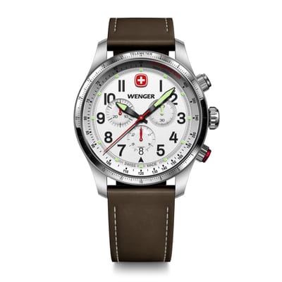WENGER TERRAGRAPH CHRONO Chronograaf Roestvrijstalen Kast Wit Bruin Leer Kwarts 100m Water Terragraph Herenhorloge, (316L), Wijzerplaat, Band, Uurwerk, gray