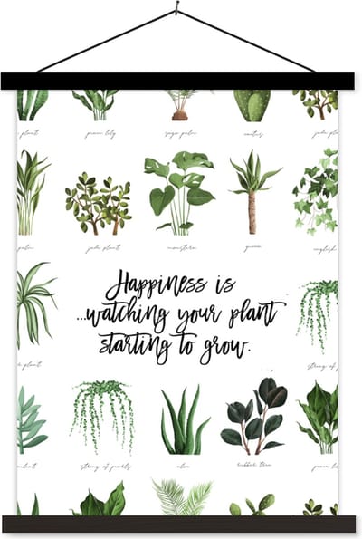 Posterhanger incl. Poster 60x80 cm - Schoolplaat - Happiness is... watching your plant starting to grow - Spreuken - Quotes - Textielposter - Zwarte latten