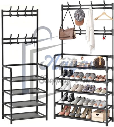Staande Kapstok Met Schoenenrek 5 Niveaus 8 Haken Loft – Zwart – schoenenkast – schoenenrek zwart & Wit – kledingrek – kapstok – paraplubak – 58917