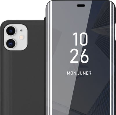 Cadorabo Hoesje geschikt voor Apple iPhone 11 in TOERMALIJN ZWART - Clear View Spiegel Beschermende Case met Tribunefunctie 360 Graden Bescherming Book Case Cover Etui