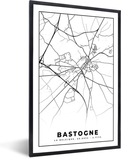 Fotolijst incl. Poster Zwart Wit- België – Bastogne – Stadskaart – Kaart – Zwart Wit – Plattegrond - 40x60 cm - Posterlijst