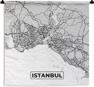 Wandkleed - Wanddoek - Istanbul - Plattegrond - Stadskaart - Zwart Wit - Kaart - 180x180 cm - Wandtapijt