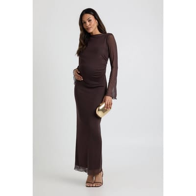 boohoo Dames Zwangerschaps maxi-jurk met mesh | Chocoladebruin | Maat: 38
