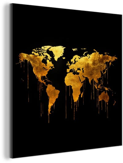 Aluminium schilderij 90x90 cm - Wanddecoratie metaal - Wereldkaart - Goud - Druipen - Zwart - Metalen muurdecoratie woonkamer - Decoratie industrieel - Foto op dibond - Industriële accessoires slaapkamer