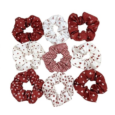 Bordeaux rood wit scrunchies dames haarbanden set geruit hartjes bloemen strik print elastiek haar accessoires voor paardenstaart knot opsteek kapsel 9 delige set