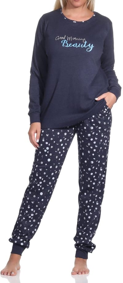 Lange damespyjama met manchetten in knuffel interlock kwaliteit in polka-dot look