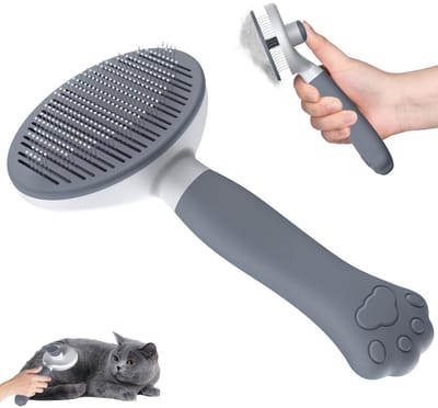 GELLDG Kattenborstel - Hondenborstel - Ergonomische handgreep - Reiniging met één knop - Zelfreinigende borstel - Kattenbenodigdheden - Geschikt voor kort- en langharige honden, katten en konijnen - Basishaarborstel - Grijs