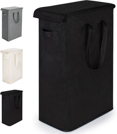 Wasmand met Deksel 55L Wasverzamelaar met Lange Handgreep Opvouwbare Dunne Wasmachine Oxford Doek Opbergmand met Handvat, Geschikt voor Wasruimte, Slaapkamer, Badkamer (Zwart)