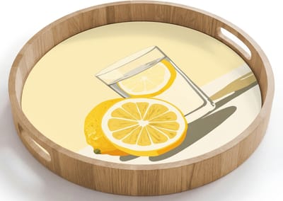 Dienblad rond 40x40 cm - Schootdienblad hout - Glas - Citroenschijfjes - Geel - Borrelplank rechthoek - Plateau houten dienbladen