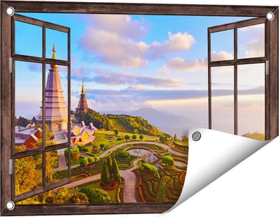 Gards Tuinposter Doorkijk Pagode Tempels in de Inthanon Berg in Thailand - 60x40 cm - Tuindoek - Tuindecoratie - Wanddecoratie buiten - Tuinschilderij
