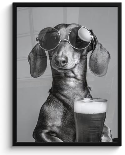 Poster in lijst - Fotolijst 50x70 cm - Posters - Teckel - Bier - Glas - Bril - Posterlijst zwart - Decoratie - Wanddecoratie woonkamer - Muurdecoratie slaapkamer