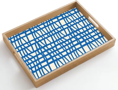 Dienblad hout 50x35 cm - Schootdienblad - Ruitpatroon - Blauw - Crème - Borrelplank rechthoek - Plateau dienbladen