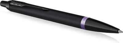 Parker IM Vibrant Rings balpen | satijn zwarte lak met amethist paarse details | medium punt met blauwe inkt navulling | geschenkdoos