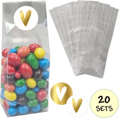 20x Uitdeelzakjes Met Sluitstickers - 20 Stickers & 20 Zakjes - Blokbodemzakjes - Cellofaanzakjes - Traktatie Zakjes - 20 Sets - Hart Goud & Wit
