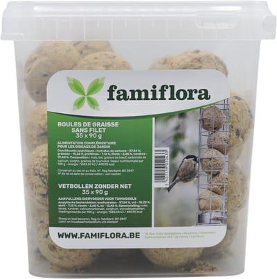 Famiflora set van 35 mezenbollen zonder netje - 35 x 90g - in emmer - Zonder netje voor meer veiligheid en minder milieu-impact - Maxi verpakking biedt langdurige voeding zodat vogels vaker terugkomen