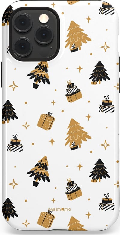 Casetastic hoesje geschikt voor Apple iPhone 12 / Apple iPhone 12 Pro - MagSafe - Dubbellaagse bescherming - Kerst met Cadeautjes - Fashion Case - Wit Beige Donkergrijs