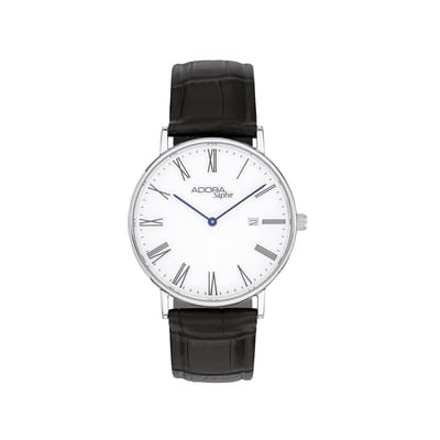 Herenhorloge Adora Saphir – Klassiek design met Romeinse cijfers, Saffierglas, Zwart leren band, Zilverkleurige kast – AS4734