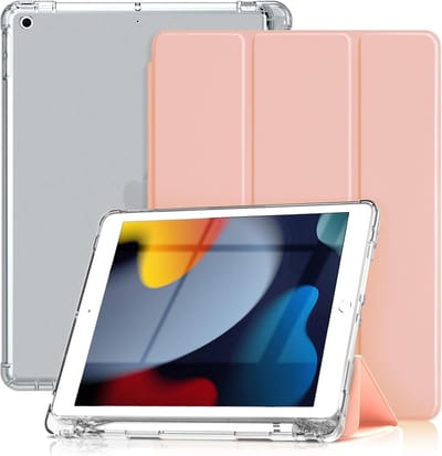 Hoes geschikt voor iPad 2021 hoes Rose Goud - Tablet hoes iPad 9/8/7 10.2 inch (9e generatie 2021 / 8e generatie 2020 / 7e generatie 2019) - iPad Air 3 hoes Smart Case met Harde Doorzichtige Achterkant en Pencil Slot