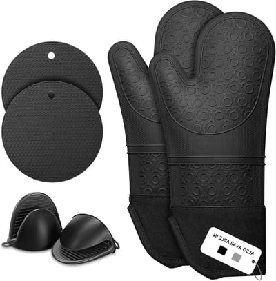 Set van 6 Hittebestendige Ovenwanten en Pothouders - Extra Lange Silicone Keukenaccessoires tot 230 °C - Zwart
