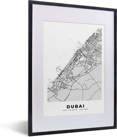Fotolijst incl. Poster Zwart Wit- Dubai - Stadskaart - Plattegrond - Zwart Wit - Kaart - 30x40 cm - Posterlijst
