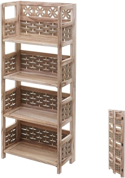Plank MCW-K86, staande plank, woonkamerplank, opvouwbaar 4 planken, hout 110cm ~ bruin, vlechtwerk bruin