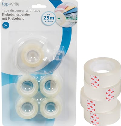 Plakbandhouder - mini - met 15x rolletjes plakband - transparant - kunststof