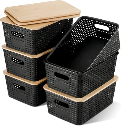 Set van 6 Opbergdozen met Bamboedeckel, Decoratieve Stapelbare Plastic Opbergmanden voor Badkamer, Planken, Lades en Kantoor, Rietlook Plastic Opbergdozen (Zwart) - Ruimtebesparend, Multifunctioneel, Stijlvol