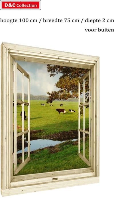 Buiten canvas - tuinposter op houten frame - 100x75x2 cm - doorkijk nostalgisch venster - koeien in landschap - weiland - water plas