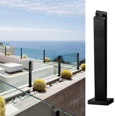 Glazen Balusterpaal - Dek Reling Systeem - Traphek Beveiligen - Vierkante Basis - 80cm Hoog - Zwart