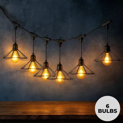 Lomera Hangende Tuinverlichting Lichtslinger - LED Filament Lampen - Warm Wit Licht - Plastic Lampenkap - Met Timer - Zwart Rubberen Snoer - Ip44 - Geschikt voor Buiten - Lichtsnoer - Buitenverlichting - 6 LED Lampen