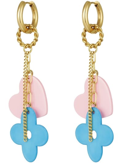Joy Ibiza - Klaver en hartje bedel oorbellen - oorringen met hanger en kettinkje - Turquoise blauwe klaver bloem - roze hart - klap scharnier - ear party boho - bohemian bloem - stainless steel - ip/pvd goldplated