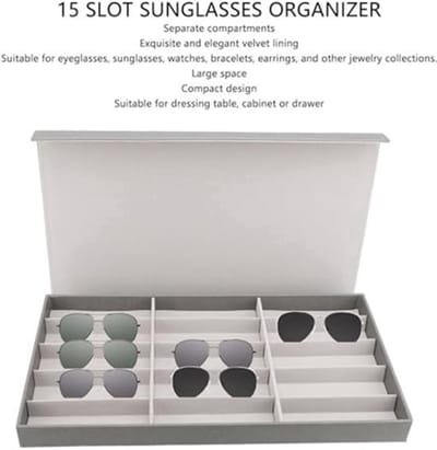 Dailygoods- Zonnebrilhouder met 15 Compartimenten - Brillenhouder - Organizer - Display Case - Velvet - Bescherming tegen Krassen - Brilhouder