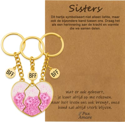 BFF Sleutelhanger voor 3 'Sisters' - Magnetisch Glitter Hartje Roze - Sleutelhangers op Cadeau Kaartje - Goudkleurig - Vriendschap Symbool - Pax Amare